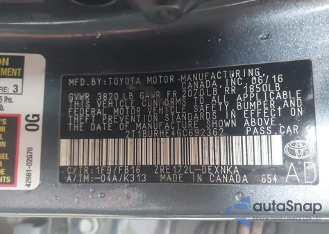 2016 Toyota Corolla Le из США, поврежденный, VIN 2T1BURHE4GC692362